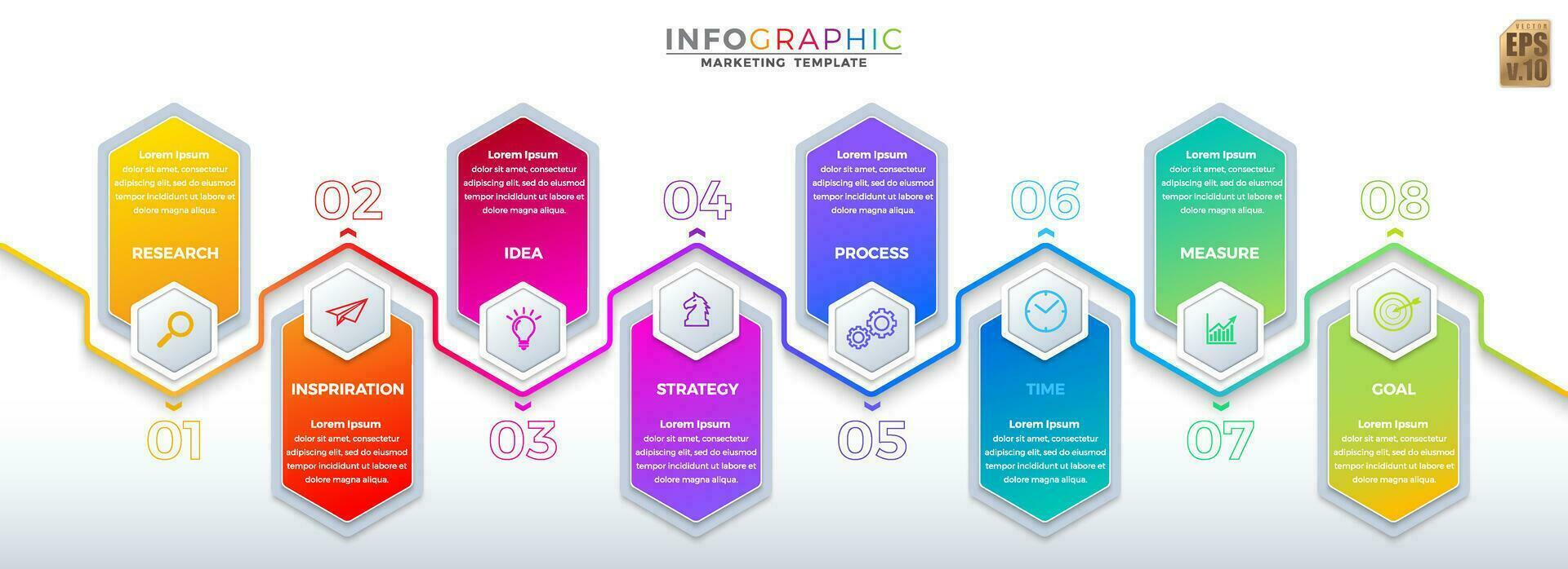 infographic vektor företag design sexhörning ikoner färgrik mall. 8 alternativ eller steg isolerat minimal stil. du kan Begagnade för marknadsföring bearbeta, arbetsflöde presentationer layout, strömma Diagram, skriva ut annons.