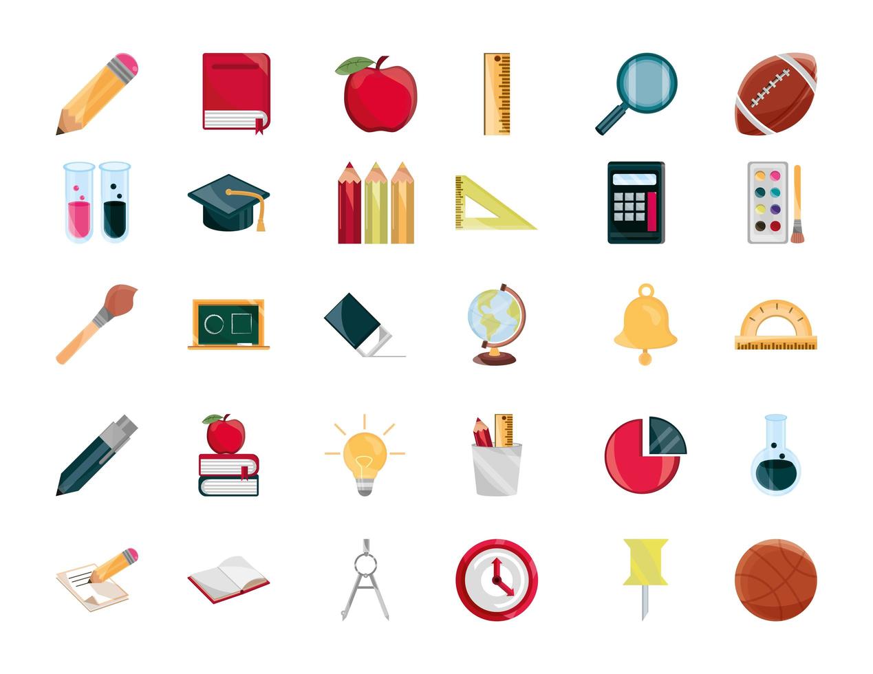 Bildung Versorgung Studie Schule Schreibwaren Icons Set isolierte Symbol vektor