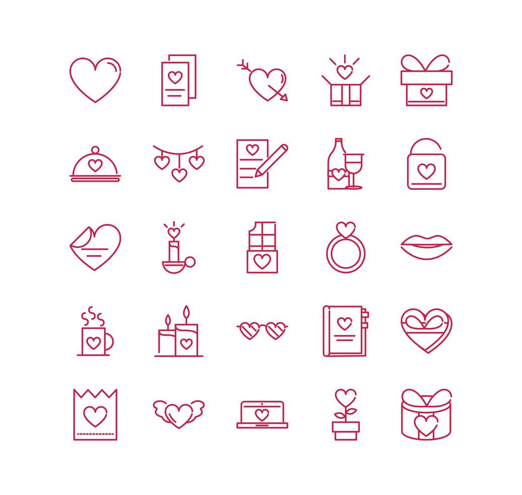 Happy Valentinstag romantische Leidenschaft Liebe Icons Set rote Linie Design vektor