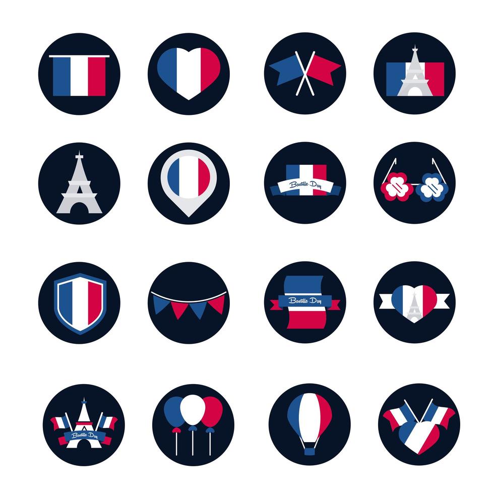 Frankreich und Bastille Day Block und Flat Style Icon Set Vector Design