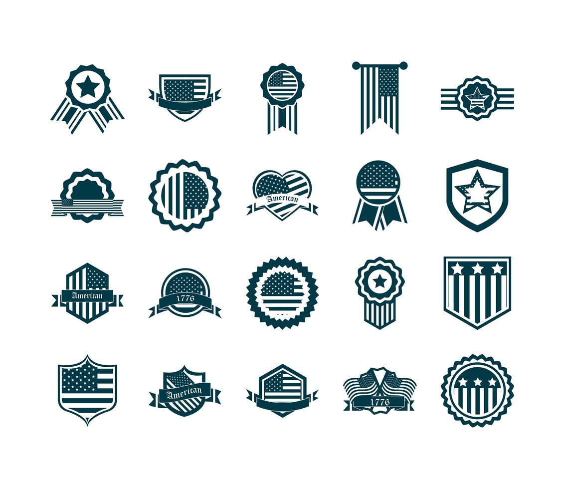 Happy Independence Day amerikanische Flagge Nationale Freiheit Patriotismus Icons Set Silhouette Style vektor