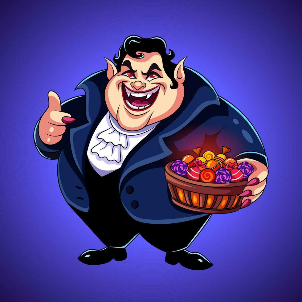 komisch Fett Vampir Dracula halten ein Korb von Süßigkeiten. Halloween Karikatur Charakter. Vektor Illustration. dunkel lila Hintergrund mit