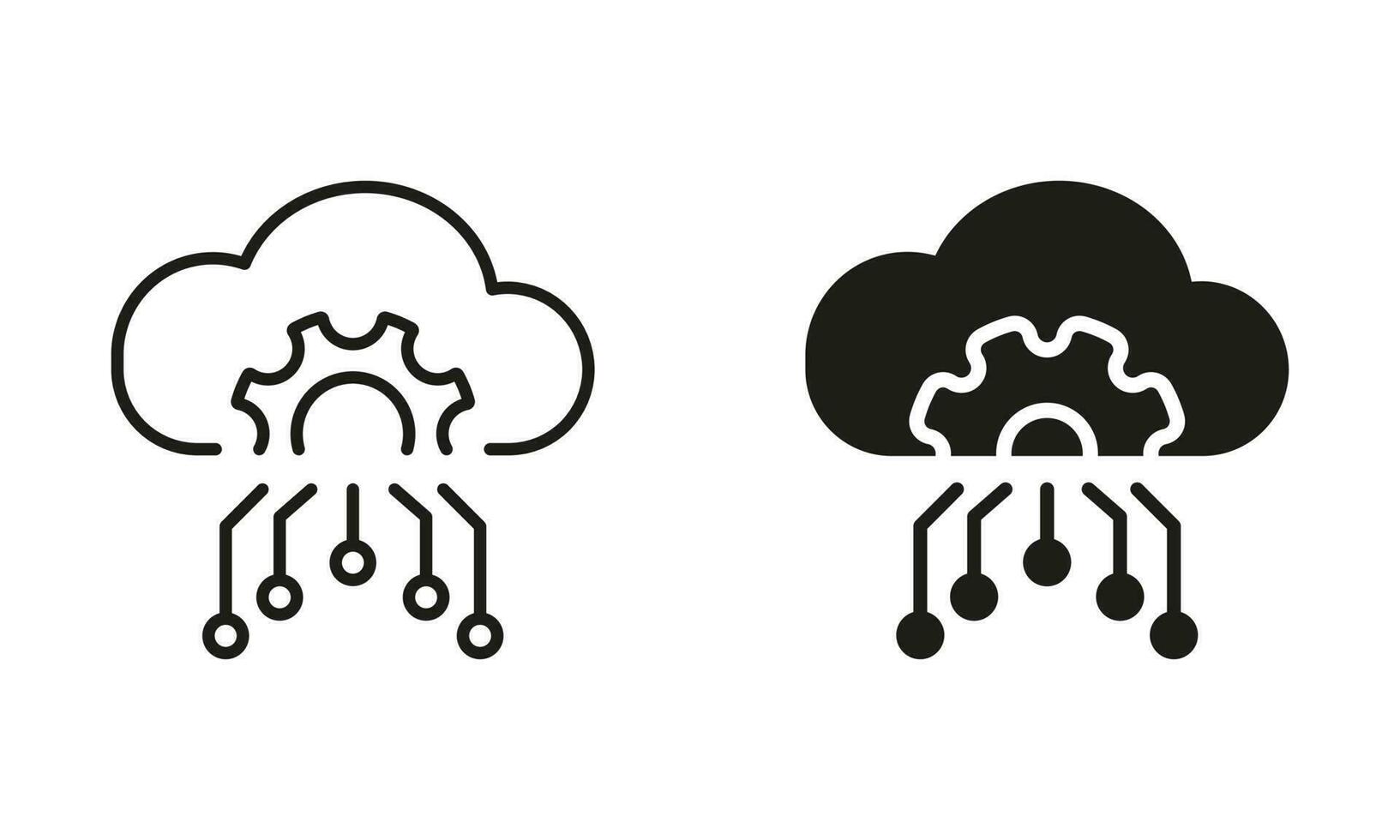 Wolke Computing Aufbau Linie und Silhouette Symbol Satz. Wolke Server Rahmen Piktogramm. Digital Wolke mit Gang, Aufbau Symbol Sammlung. isoliert Vektor Illustration.