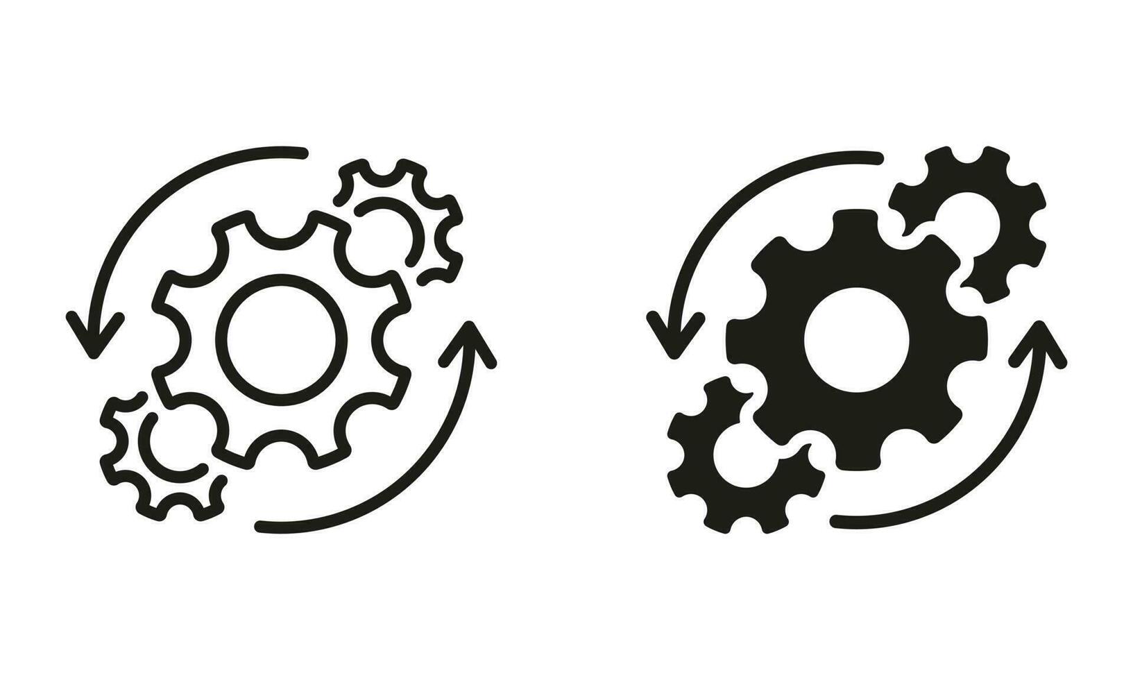 redskap och runda pil företag teknologi bearbeta svart symbol samling. arbetsflöde kugge hjul symbol piktogram. cirkel redskap arbete framsteg linje och silhuett ikon uppsättning. isolerat vektor illustration.