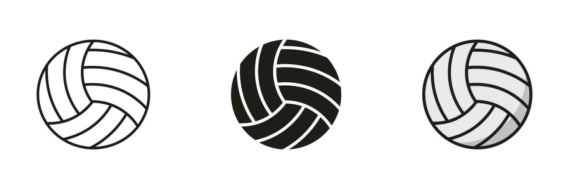 Volleyball Ball schwarz Silhouette und Linie Symbol Satz. Ball zum abspielen Sport Spiel solide und Gliederung schwarz und Farbe Symbol Sammlung auf Weiß Hintergrund. isoliert Vektor Illustration.