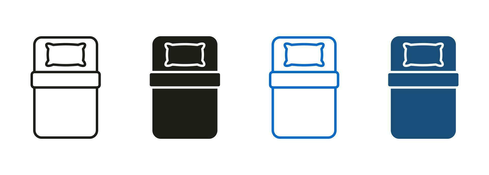 Single Zimmer im Hotel, Motel, Herberge schwarz und Farbe unterzeichnen. Single Bett Linie und Silhouette Symbol Satz. Art von Bett. Kissen und Decke Symbol Sammlung auf Weiß Hintergrund. isoliert Vektor Illustration.