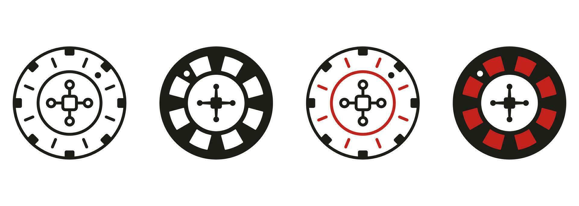 Kasino Roulette. Glücksspiel Sucht, abspielen Lotterie unterzeichnen. Kasino Rad Linie und Silhouette Symbol Satz. Glücklich Reichtum, Risiko und Sieg im zocken Spiel Symbol Sammlung. isoliert Vektor Illustration.