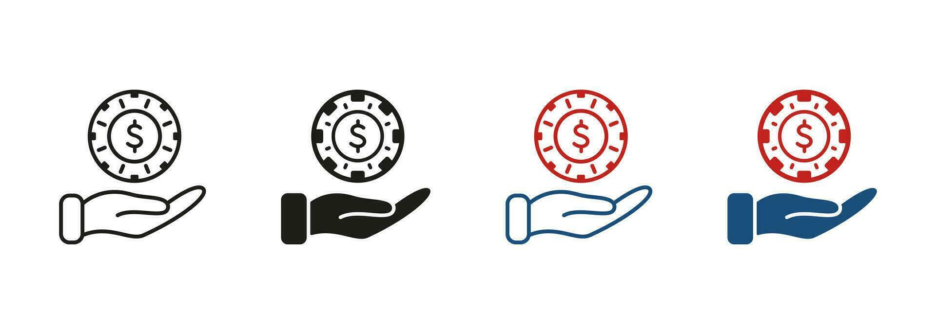 tur- mynt i mänsklig hand, spela spelande, risk spel symbol samling. cirkel poker chip piktogram. chip för kasino linje och silhuett ikon uppsättning. pengar slå vad. isolerat vektor illustration.