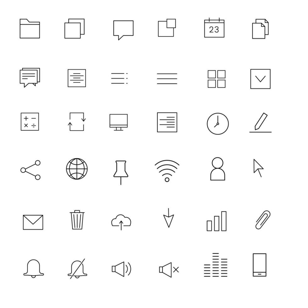 användare gränssnitt väsentliga linje ikoner uppsättning, översikt vektor symbol samling, linjär stil piktogram pack.set inkluderar ikoner som Hem, säkerhet, ljud, skräp, alternativ, meny