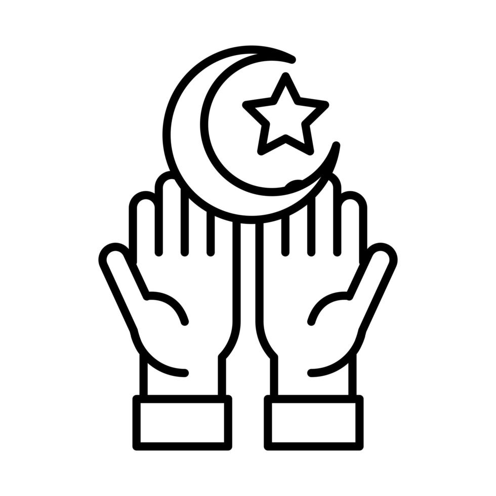 hände mond und stern eid mubarak islamische religiöse heilige linienstilikone vektor