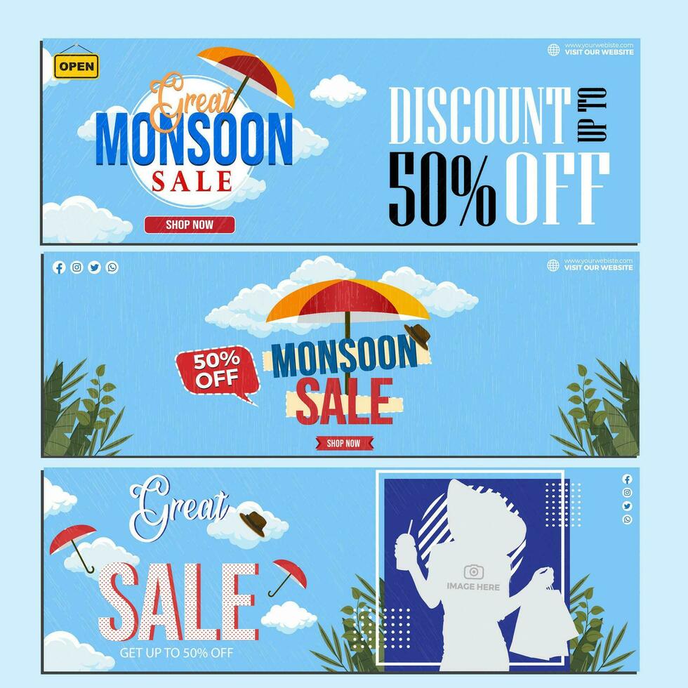 Regenschirm und Einkaufen Taschen zum Monsun Jahreszeit Verkauf Banner Landung Seite Netz Header Vorlage Design vektor