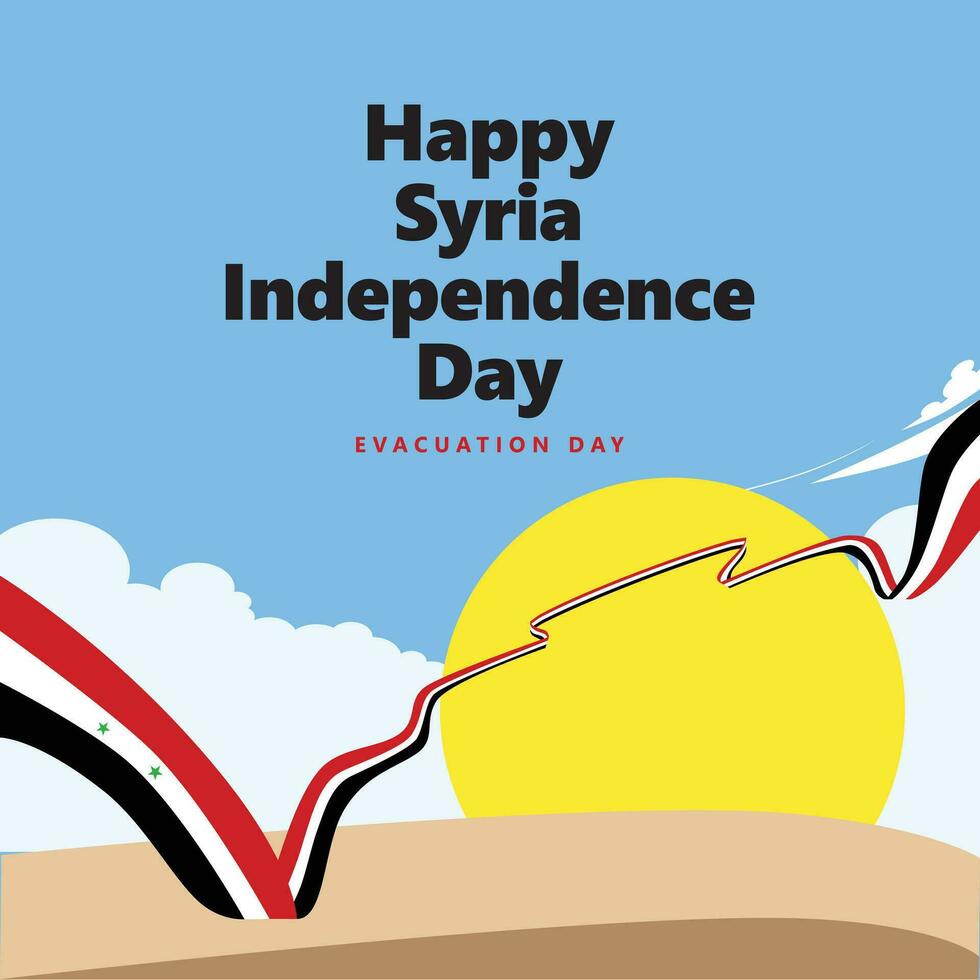 Syrien Unabhängigkeit Tag oder Evakuierung Tag Feier Vektor Illustration mit ein lange Flagge innerhalb ein hell Tag Sand Wüste Landschaft.