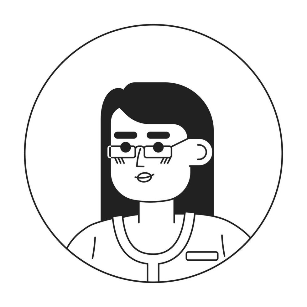 Söt asiatisk lady med glasögon svartvit platt linjär karaktär huvud. lång hetero frisyr. redigerbar översikt hand dragen mänsklig ansikte ikon. 2d tecknad serie fläck vektor avatar illustration för animering