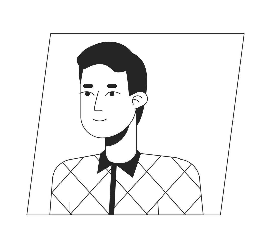 leende caucasian man i skjorta svart vit tecknad serie avatar ikon. redigerbar 2d karaktär användare porträtt, linjär platt illustration. vektor ansikte profil. översikt person huvud och axlar