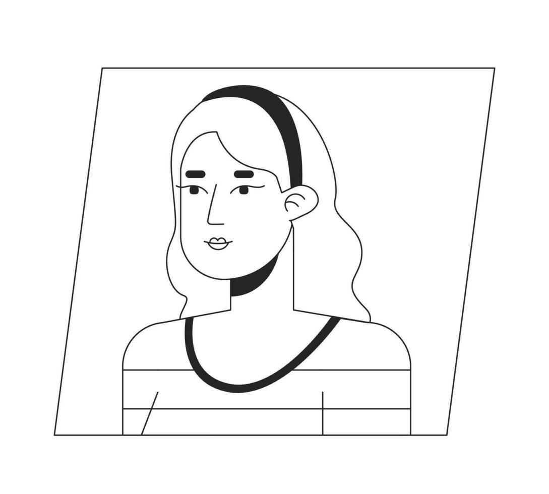 attraktiv caucasian brunett kvinna i hår fälg svart vit tecknad serie avatar ikon. redigerbar 2d karaktär användare porträtt, linjär platt illustration. vektor ansikte profil. översikt person huvud och axlar