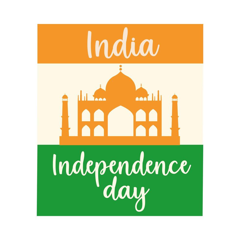 glad självständighetsdagen Indien flagga med Taj Mahal monument affisch platt stilikon vektor