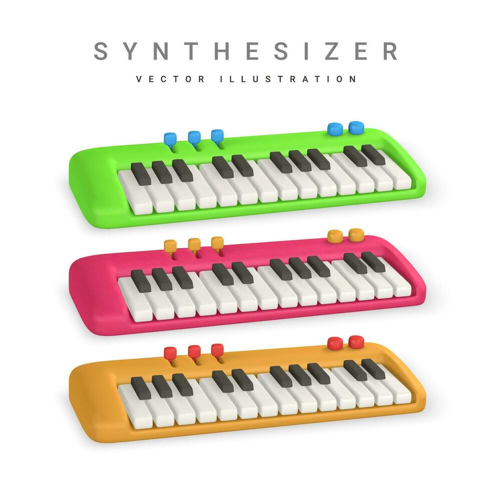 3d realistisch Synthesizer. Musik- Konzept Design im Plastik Karikatur Stil. Vektor Illustration