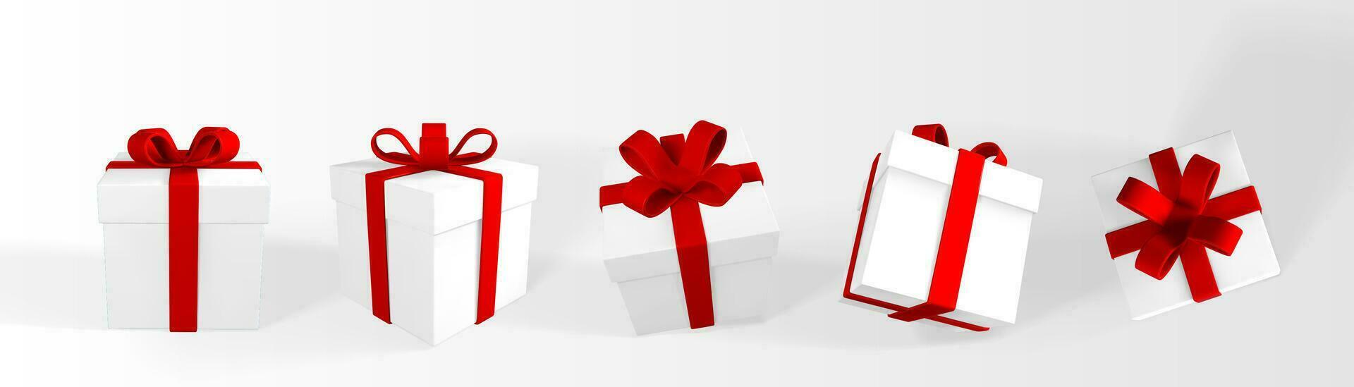 3d machen realistisch Geschenk Box mit rot Bogen. Papier Box mit rot Band und Schatten isoliert auf Weiß Hintergrund. Vektor Illustration