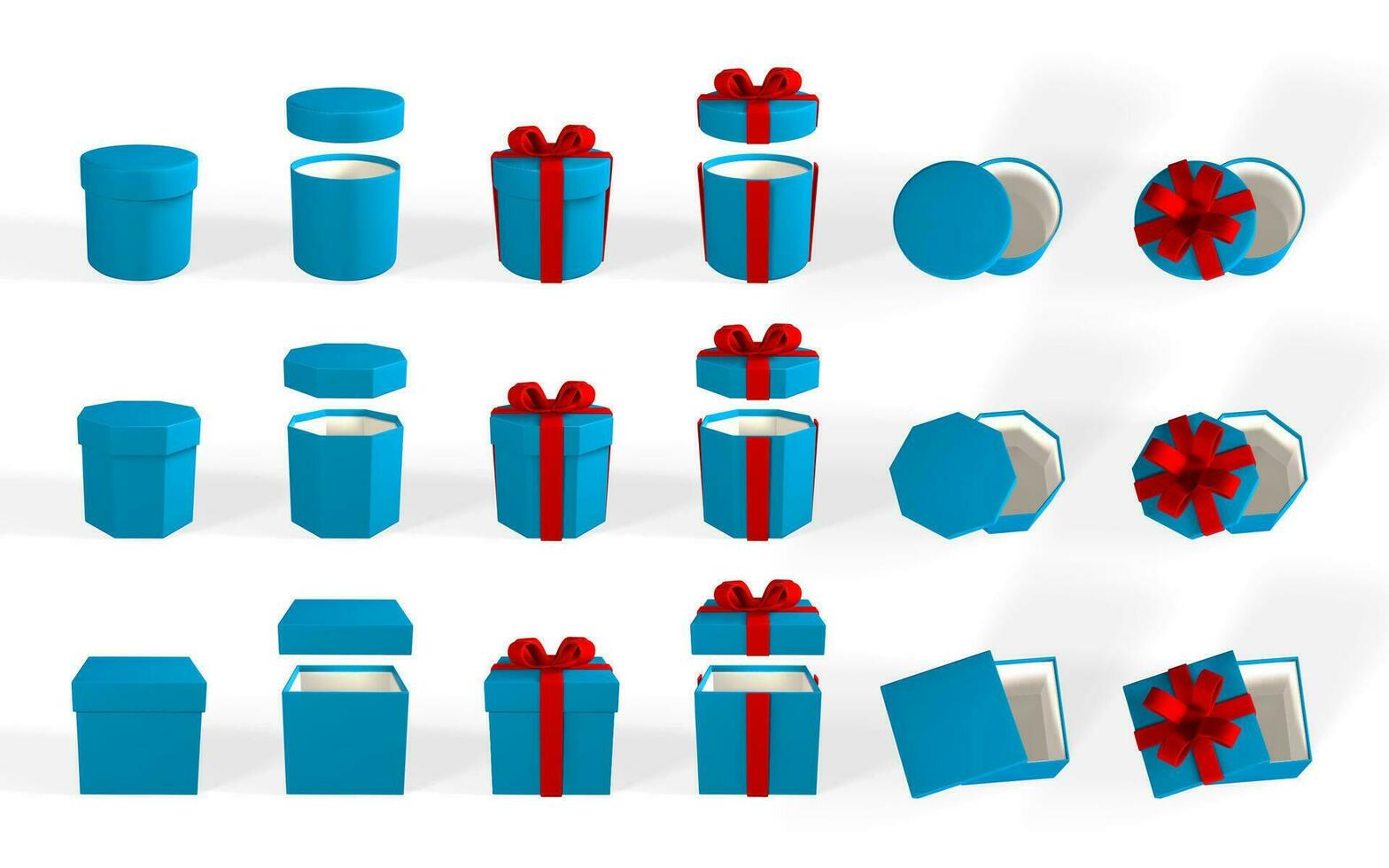 3d machen realistisch einstellen von Blau Geschenk Kisten mit rot Bogen. Papier Box mit rot Band und Schatten isoliert auf Weiß Hintergrund. Vektor Illustration