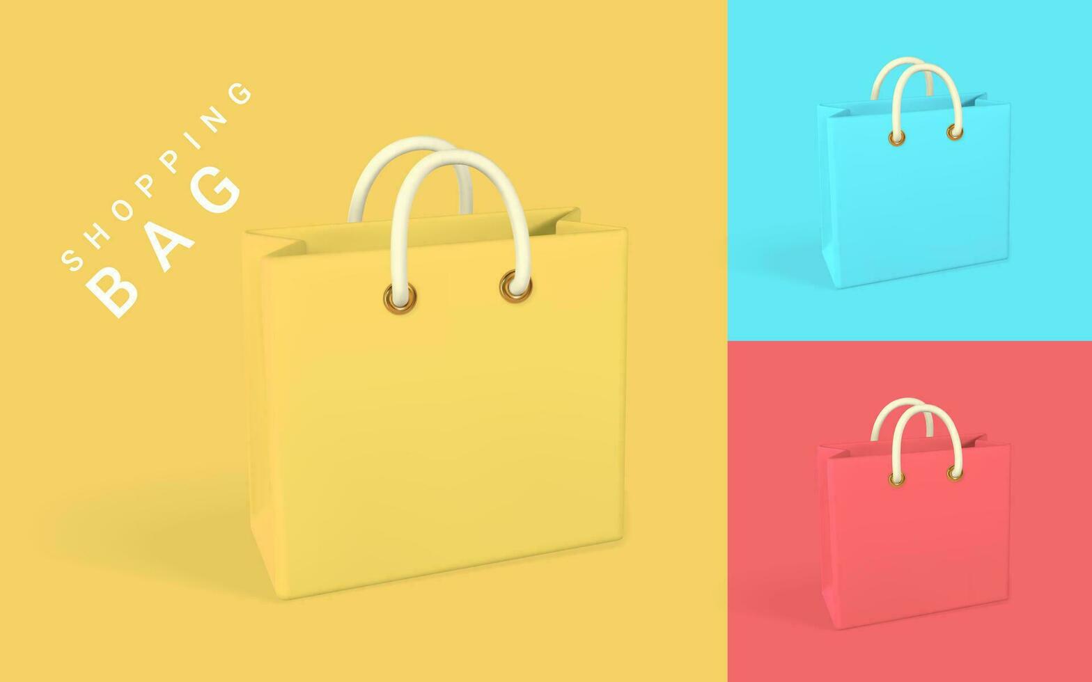 3d leeren Rot, Gelb und Blau Einkaufen Taschen. Einkaufen Konzept. Vektor Illustration