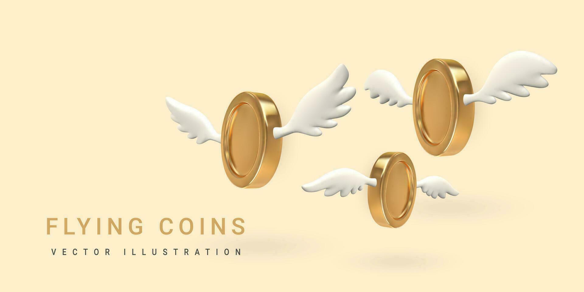 3d flygande gyllene mynt med vingar isolerat på en vit bakgrund. vektor illustration