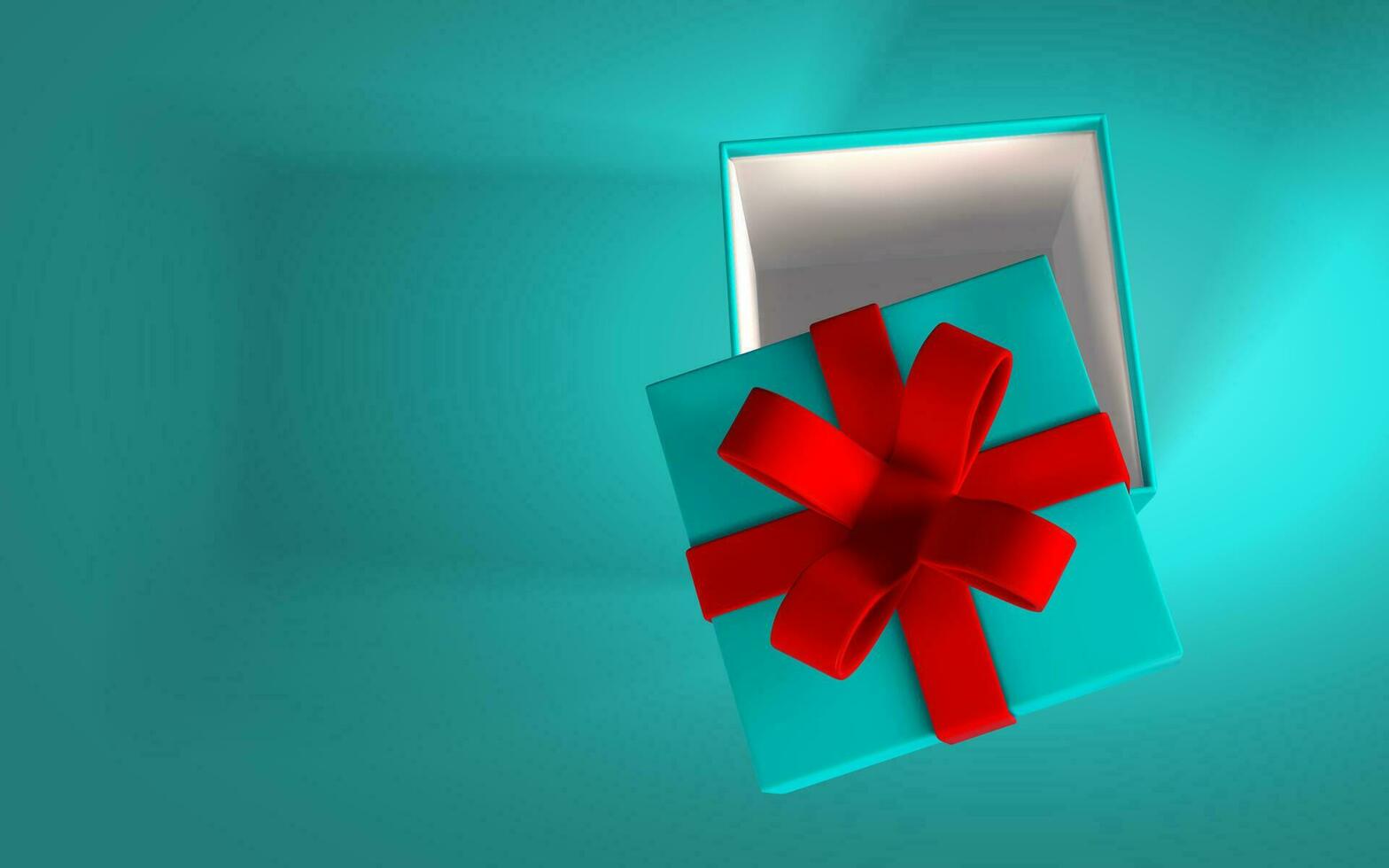 3d framställa och dra förbi maska realistisk gåva låda med röd rosett. papper låda med röd band och skugga isolerat på blå bakgrund. vektor illustration