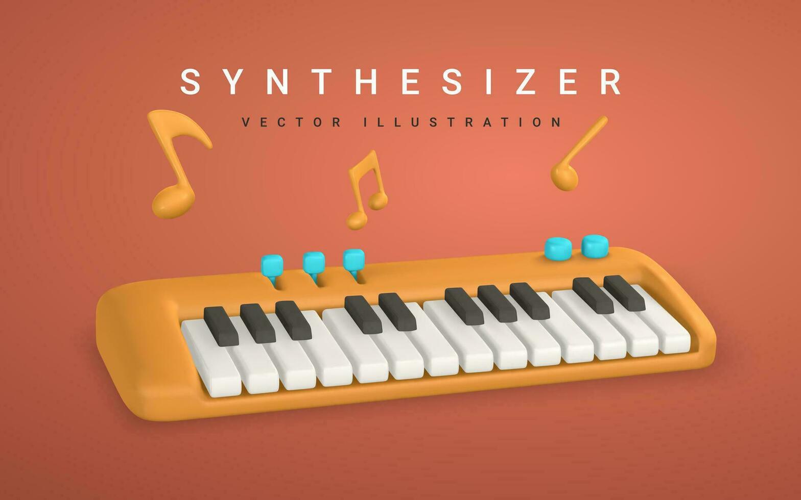 3d realistisk synthesizer med musik notera. musik begrepp design i plast tecknad serie stil. vektor illustration