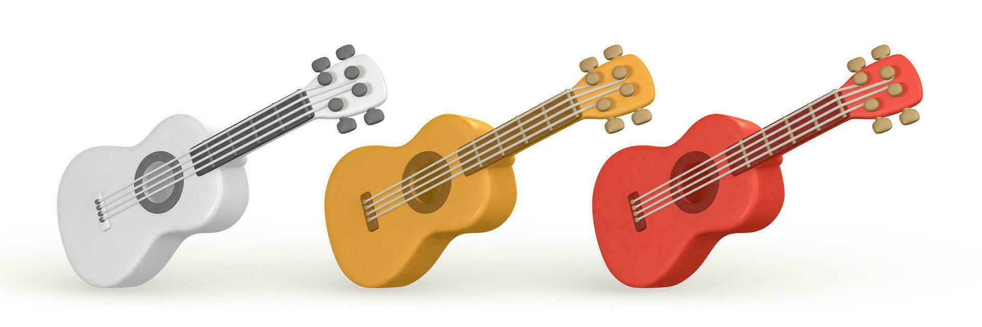 3d realistisch akustisch Gitarre zum Musik- Konzept Design im Plastik Karikatur Stil. Vektor Illustration