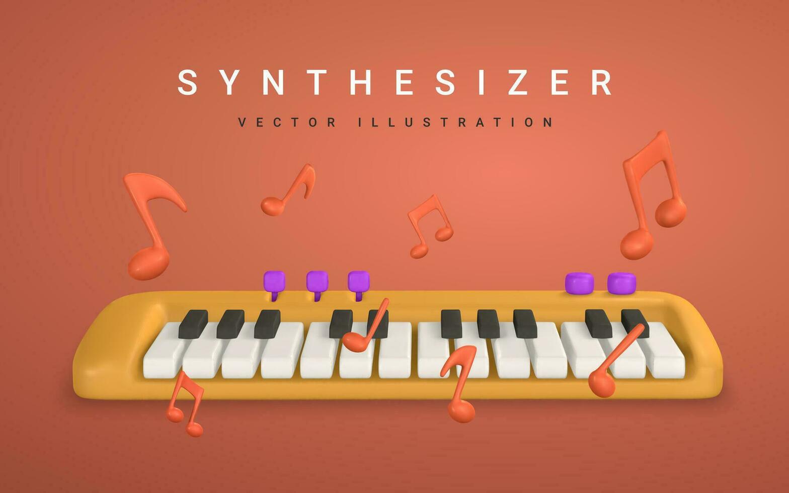 3d realistisch Synthesizer mit Musik- Notiz. Musik- Konzept Design im Plastik Karikatur Stil. Vektor Illustration