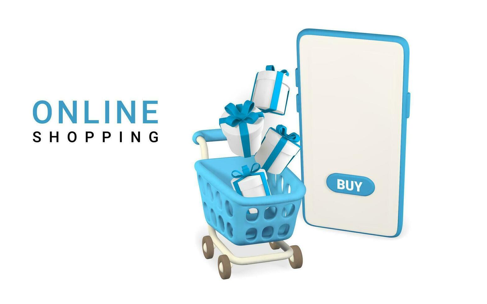 online Einkaufen Konzept. realistisch 3d Mobiltelefon mit Blau Einkaufen Wagen und Geschenk Boxen. online speichern. Vektor Illustration