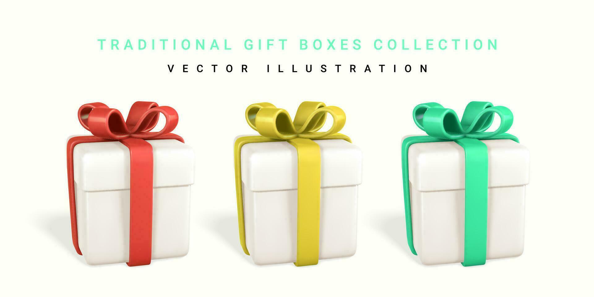 3d framställa realistisk gåva låda med rosett. papper låda med Färg band och skugga isolerat på vit bakgrund. vektor illustration