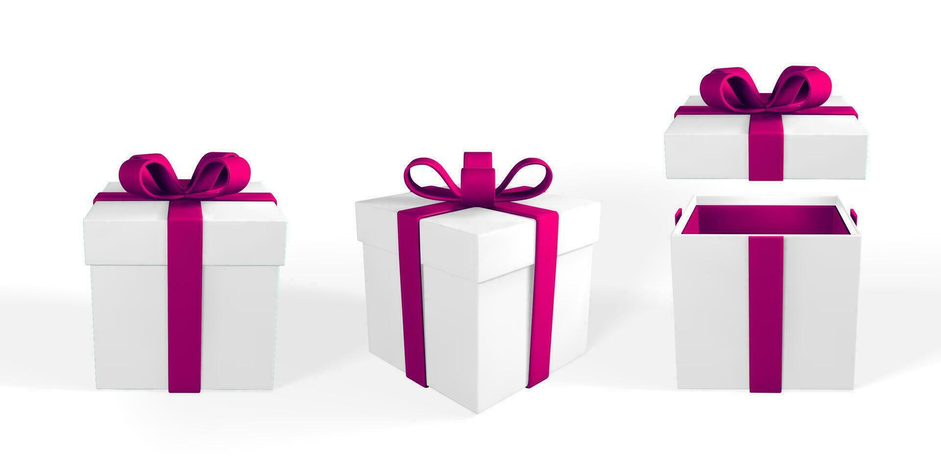 3d framställa realistisk gåva låda med lila rosett. papper låda med band och skugga isolerat på vit bakgrund. vektor illustration