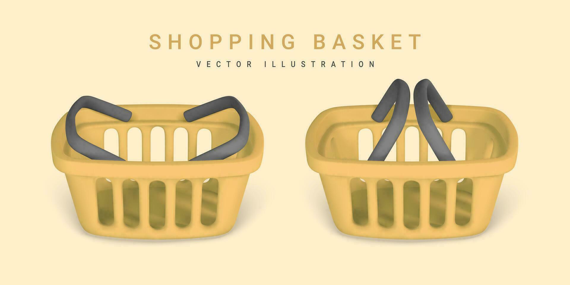 3d leeren Gelb Einkaufen Korb. Einkaufen Konzept. Vektor Illustration
