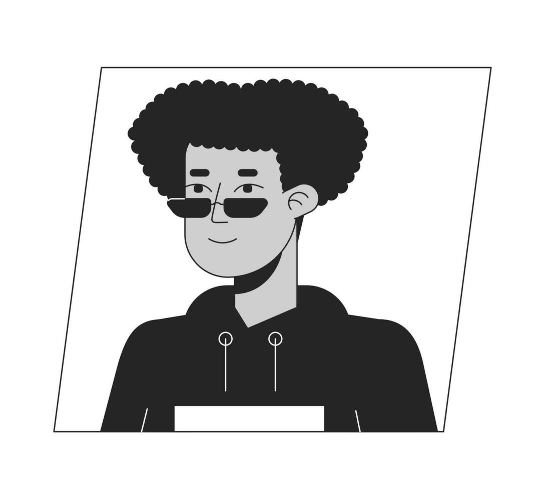 modern latinamerikan man i solglasögon svart vit tecknad serie avatar ikon. redigerbar 2d karaktär användare porträtt, linjär platt illustration. vektor ansikte profil. översikt person huvud och axlar