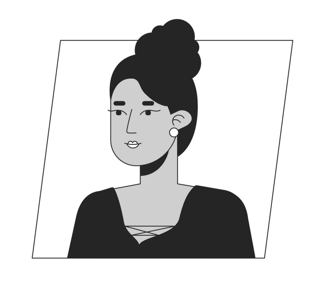 attraktiv indisk kvinna med bulle frisyr svart vit tecknad serie avatar ikon. redigerbar 2d karaktär användare porträtt, linjär platt illustration. vektor ansikte profil. översikt person huvud och axlar