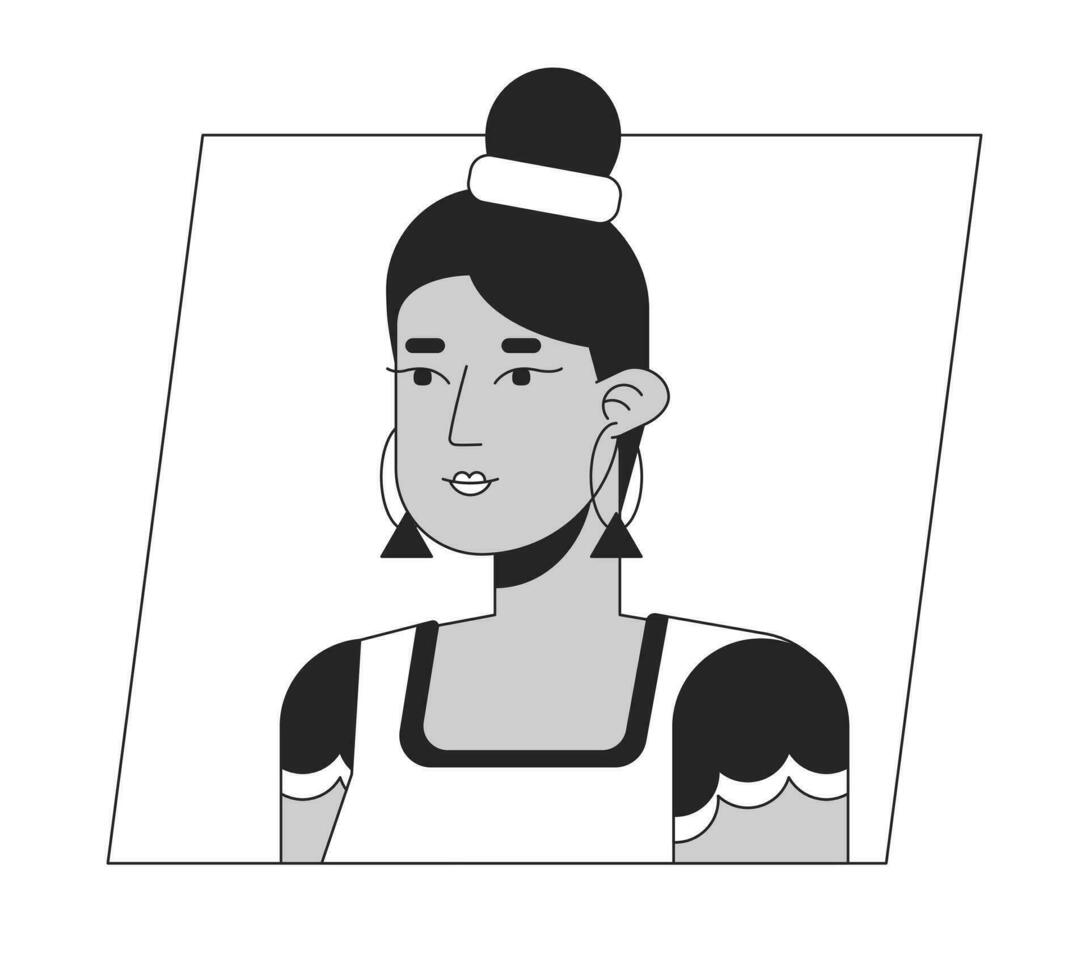 skön indisk kvinna med bulle frisyr svart vit tecknad serie avatar ikon. redigerbar 2d karaktär användare porträtt, linjär platt illustration. vektor ansikte profil. översikt person huvud och axlar
