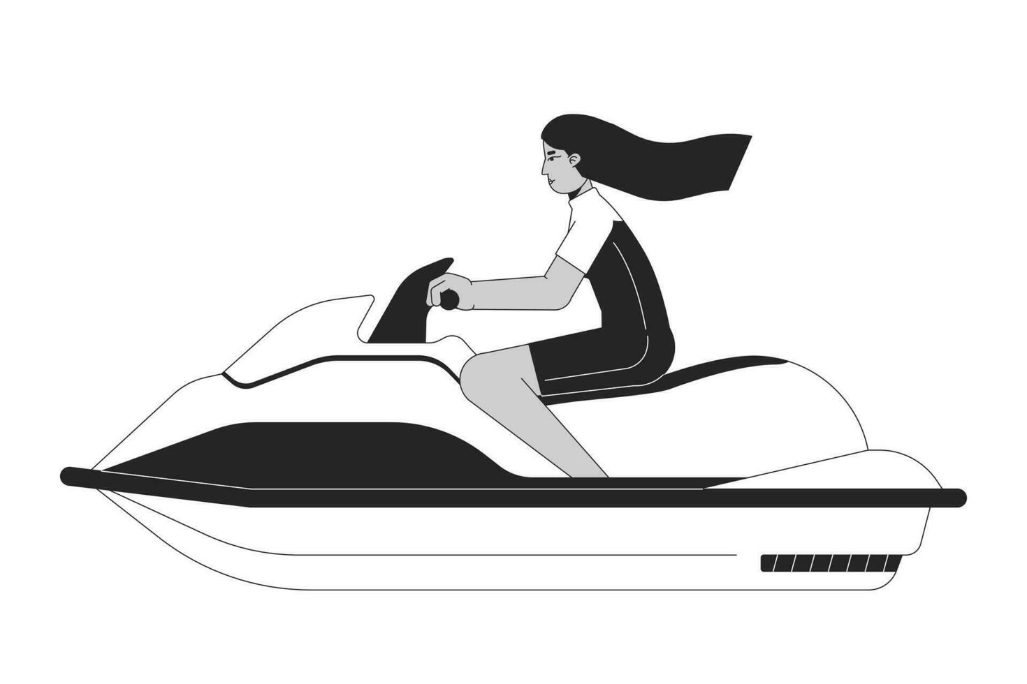 Badebekleidung arabisch jung Frau Reiten Jet Ski eben Linie schwarz Weiß Vektor Charakter. editierbar Gliederung voll Körper Person. extrem Wasser Sport einfach Karikatur isoliert Stelle Illustration zum Netz Grafik Design