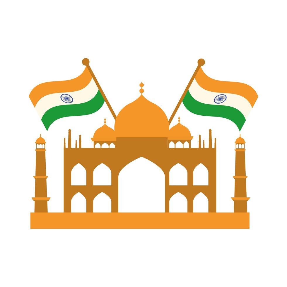 Frohe Unabhängigkeitstag Indien berühmte Taj Mahal Tempel Flaggen flache Stilikone vektor