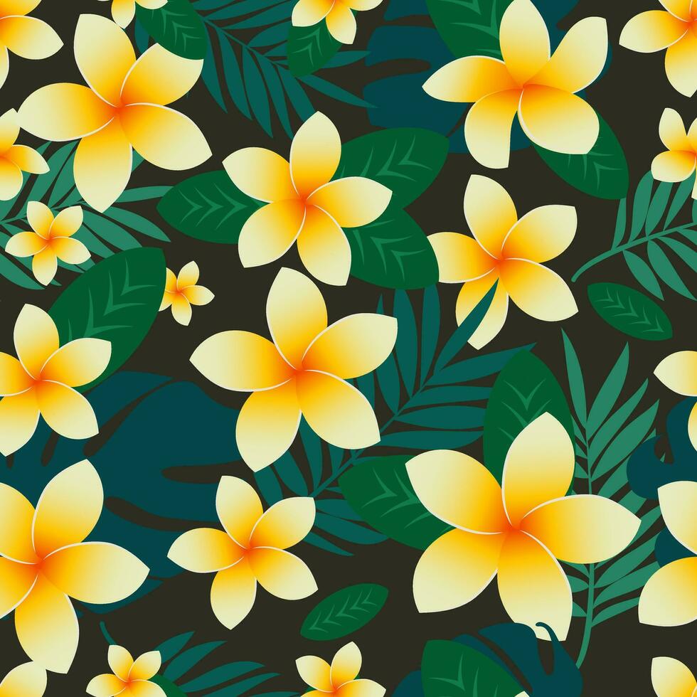 tropisk blommig sömlös mönster. söt plumeria blommor och handflatan löv. vektor. vektor