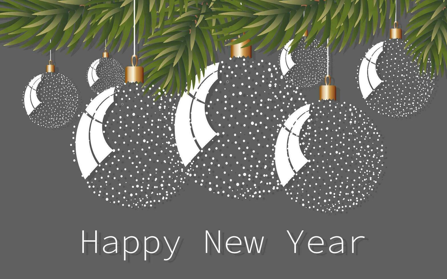 Lycklig ny år. vit bollar på gran grön grenar på en grå bakgrund. ny år Semester horisontell vykort. vektor. vektor