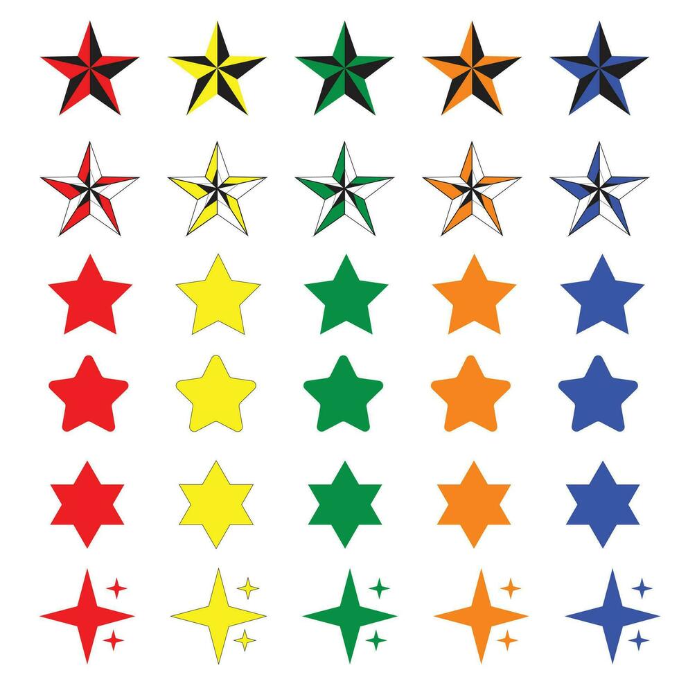 Star Symbole Satz. einzigartig Farbe Star setzt. funkeln Sterne. funkelt, leuchtenden platzen. Weihnachten Vektor Symbole isoliert. 3d Trophäe Star Symbol.