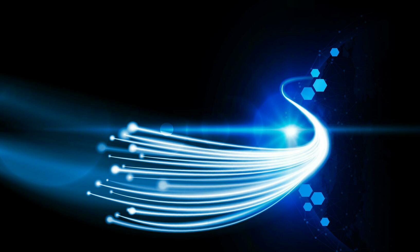 abstrakt Geschwindigkeit Linie Hintergrund mit dynamisch Licht Ballaststoff Kabel Technologie Netzwerk und zum Planet Erde mit Sonnenaufgang und Technologie Netzwerk., Vektor Design