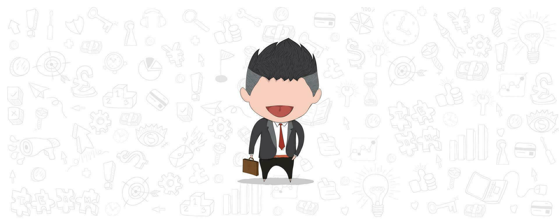 glücklich Gesicht Geschäftsmann auf Geschäft Kritzeleien Objekte Hintergrund., Zeichnung durch Hand Vektor