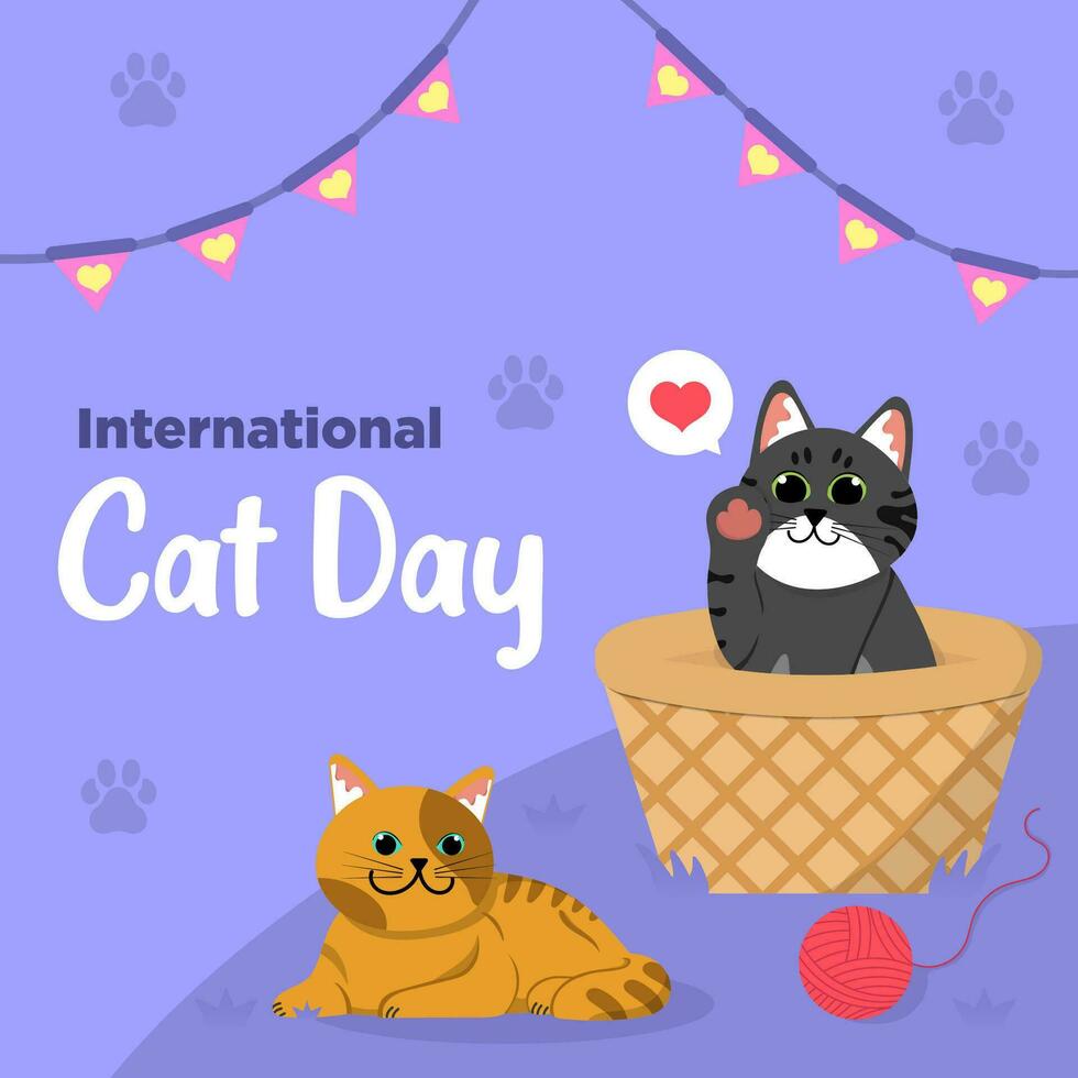 vektor söt internationell katt dag platt hand dragen illustration