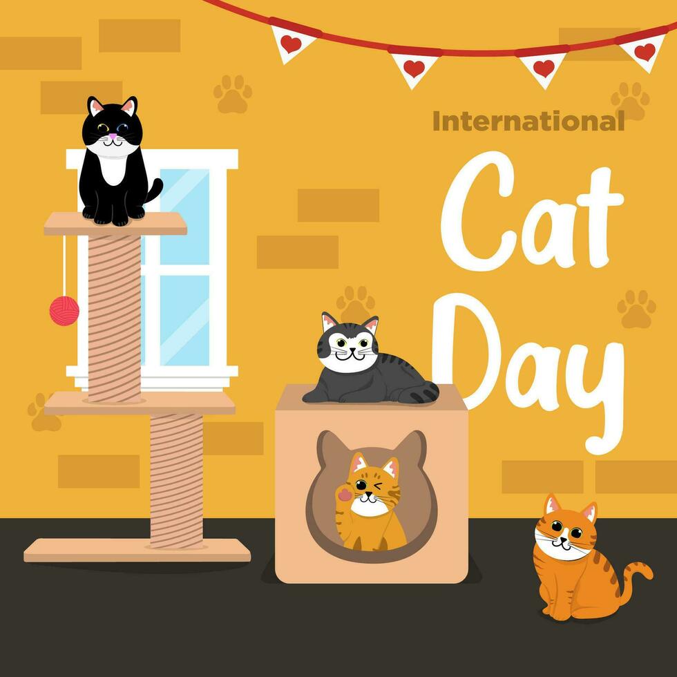 vektor söt internationell katt dag platt hand dragen tema katt hus familj illustration