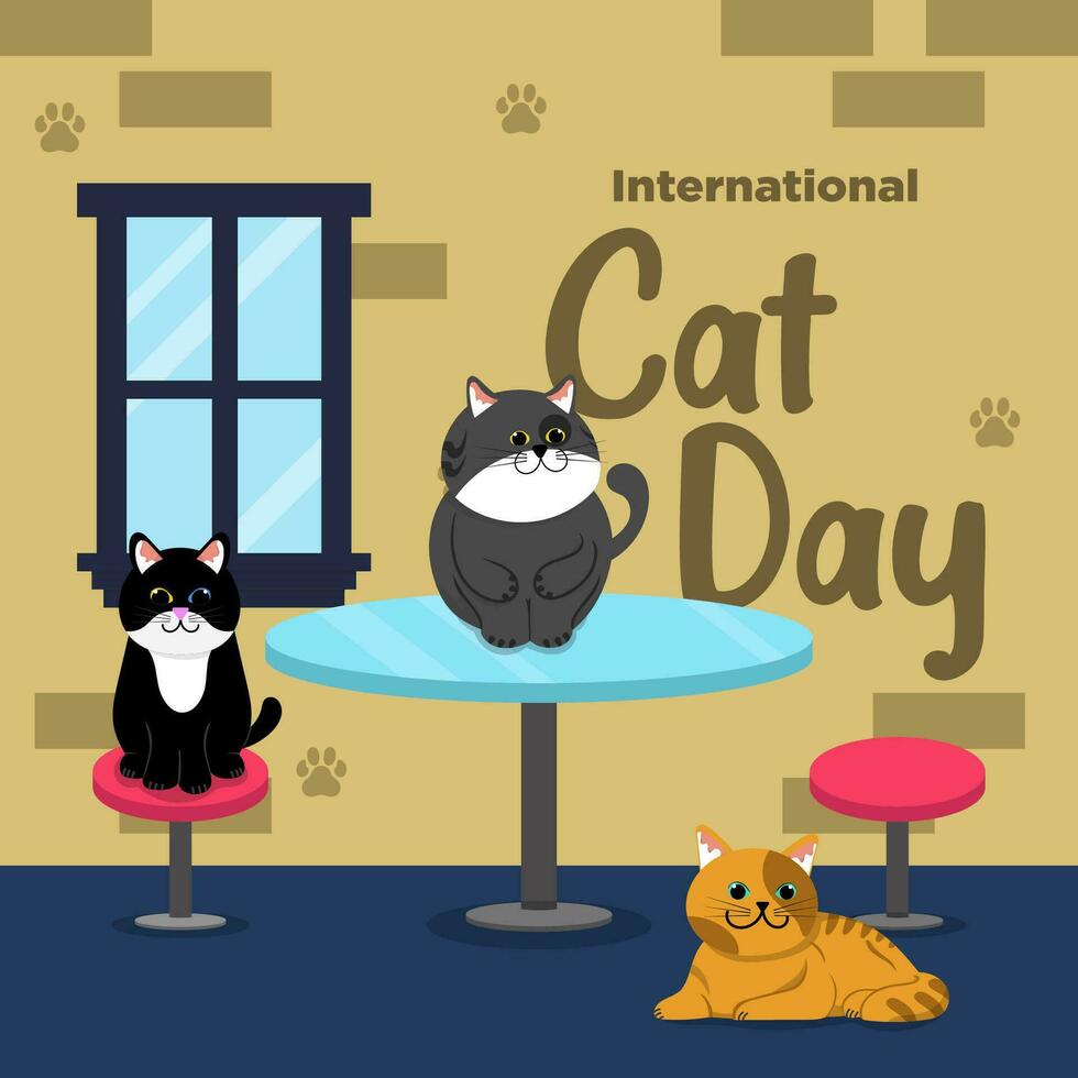 vektor söt internationell katt dag platt hand dragen tema katt hus 3 illustration