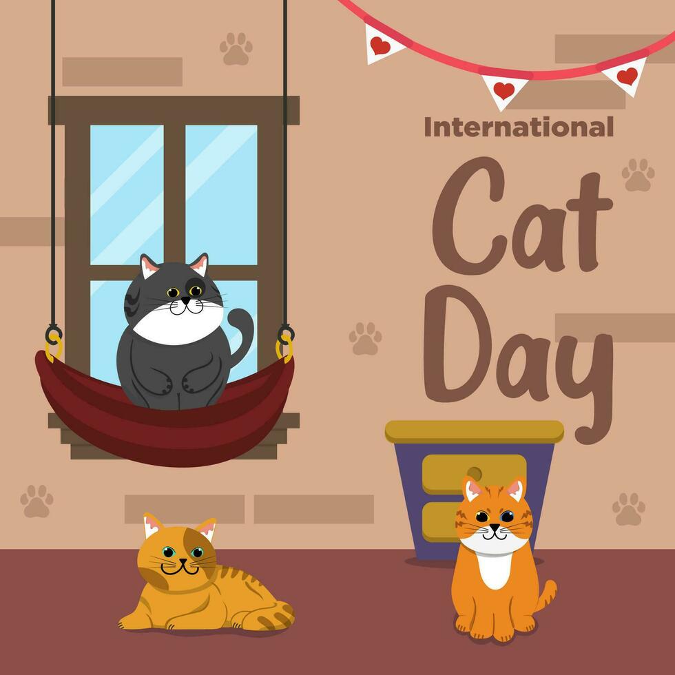 vektor söt internationell katt dag platt hand dragen tema katt hus 2 illustration