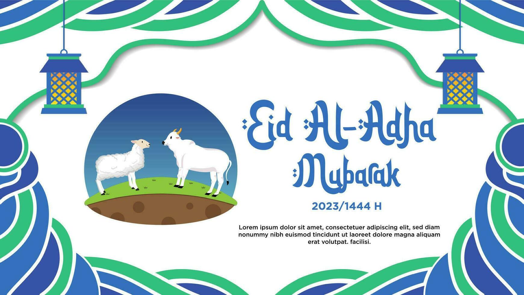 baner blå och grön abstrakt tema av Lycklig eid al-adha med djur- illustration vektor