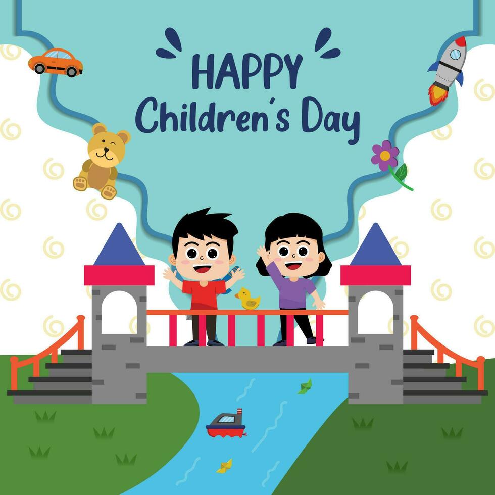 Einspeisungen glücklich Kinder Tage Hand gezeichnet Fluss und Brücke Illustration vektor