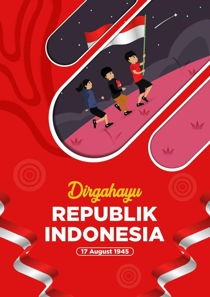 ny begrepp affisch mallar indonesien oberoende dag med barns löpning med flagga vektor illustration
